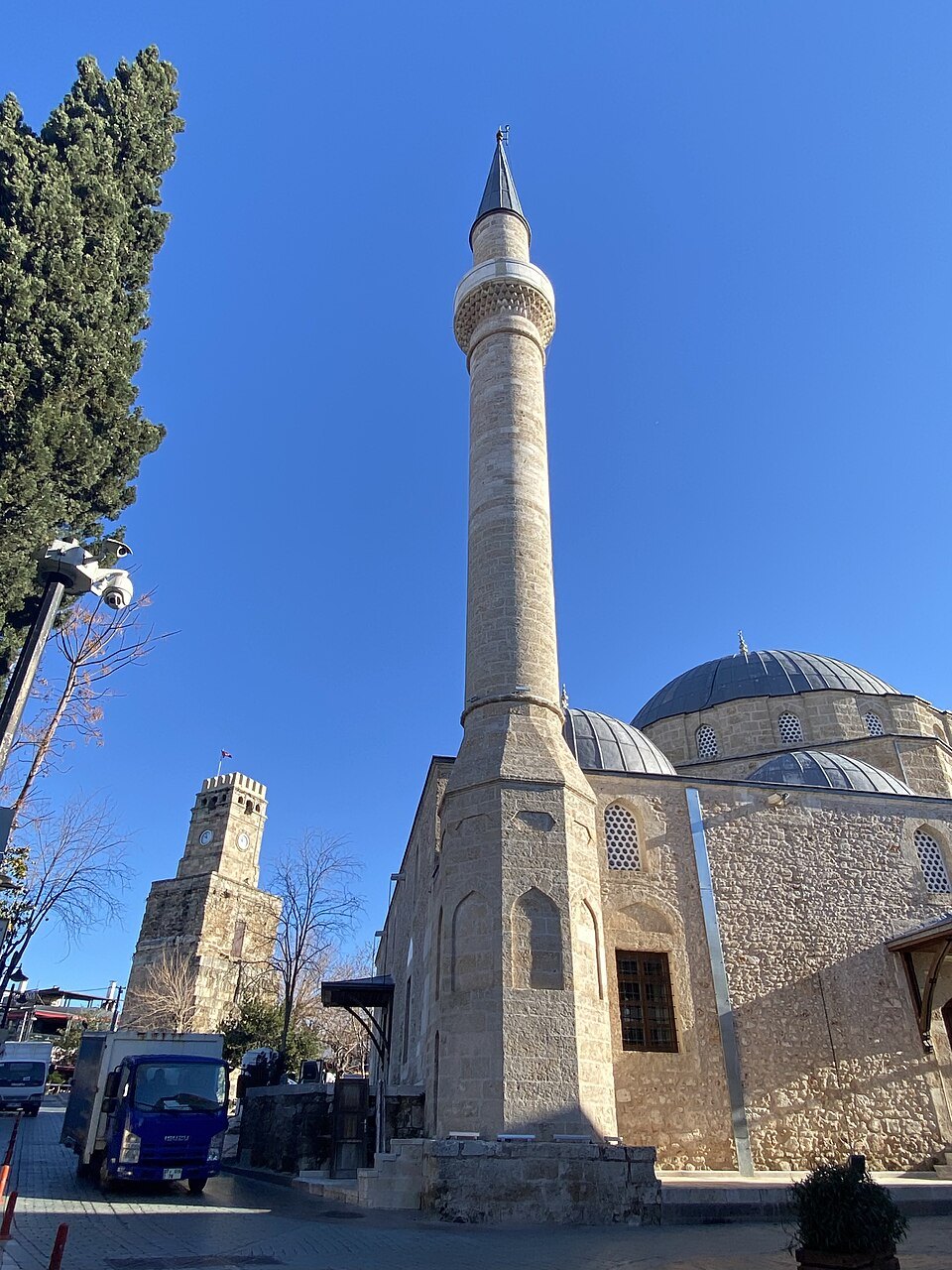Antalya Saat Kulesi tower and Tekeli Mehmet Paşa Cami domed mosque, Antalya, Turkey